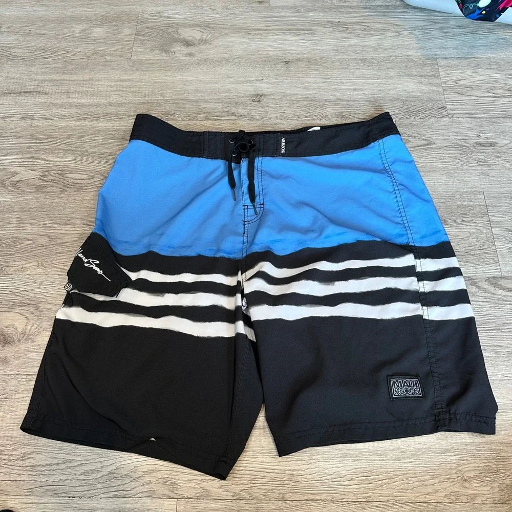 Maui and Sons‎ Mens Board Shorts Blue Black White Stripe Drawstring Size 36